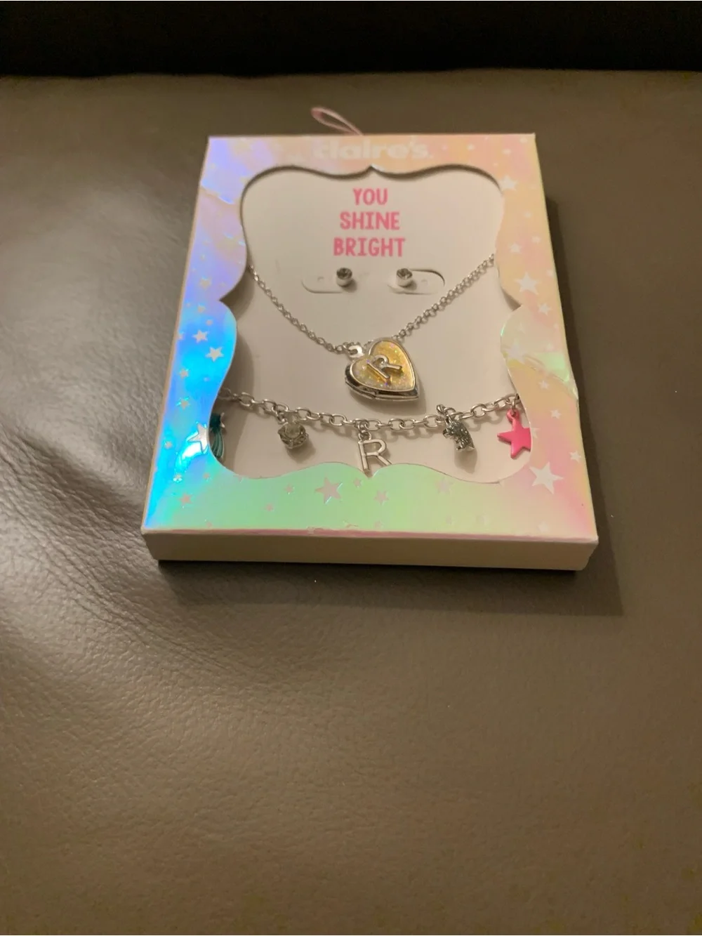 Claire's Silver Locket Heart 🤍 Initial “R” Charm Jewelry Set of 3 -